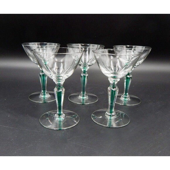 Vintage Morgantown Fischer Green Filament Stem 3 oz Cordial Glasses Lot of 5 - Picture 1 of 8